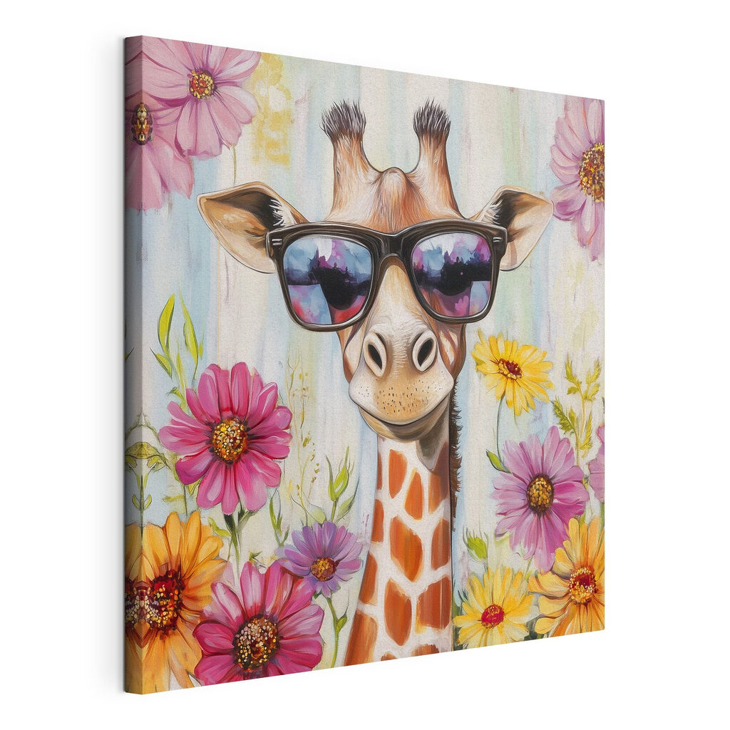Giraffa tra i fiori, tela tesa e bordo avvolto