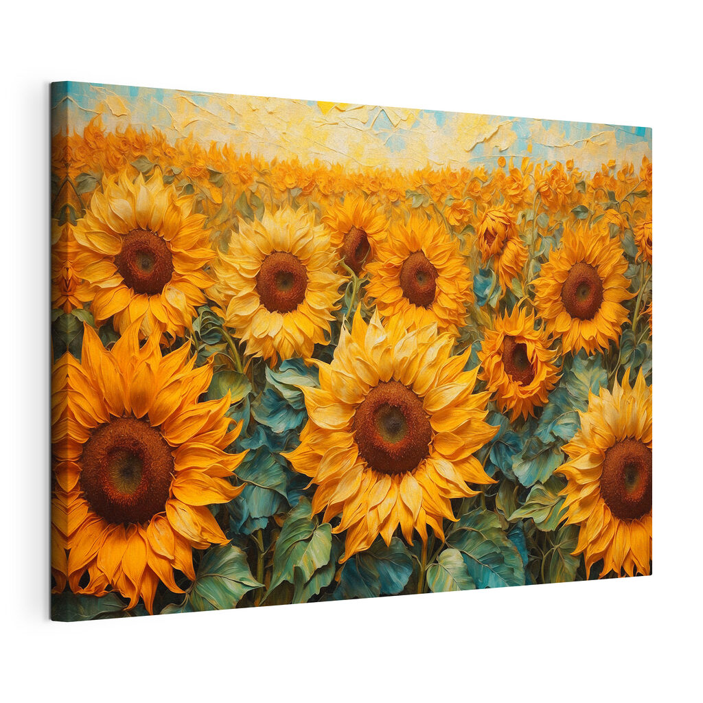 Girasoli fino all’orizzonte, tela tesa e bordo avvolto