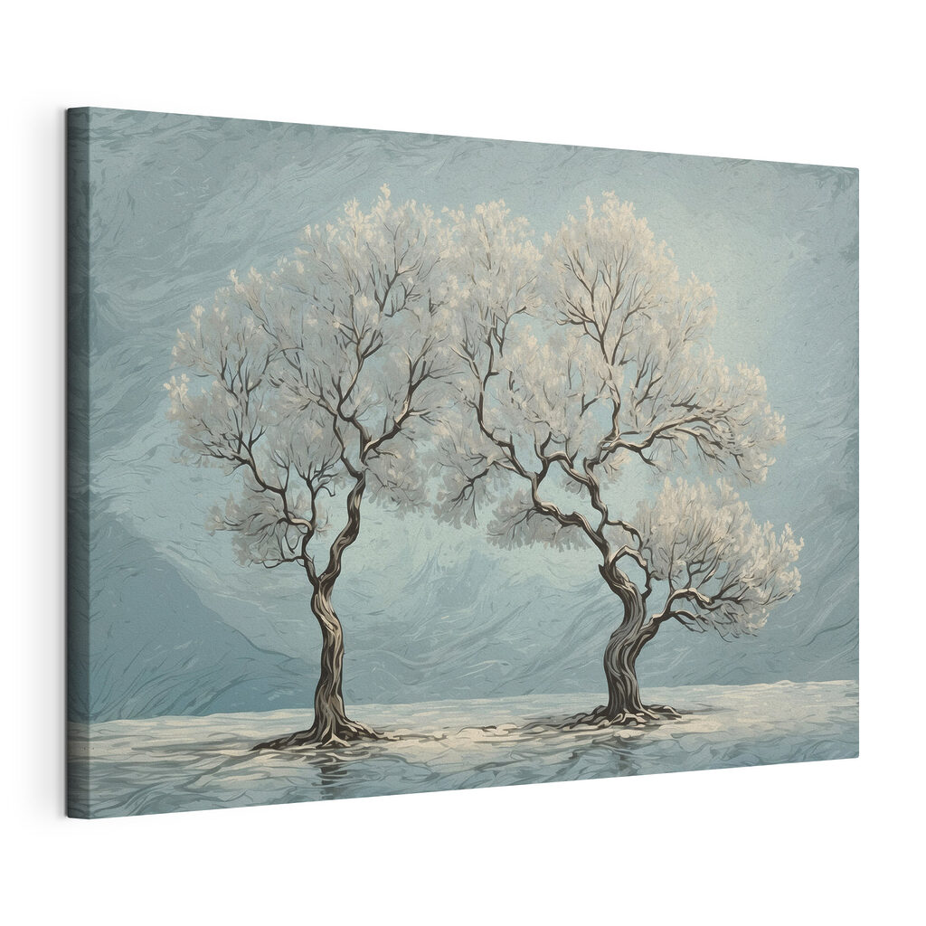 Due alberi d’inverno, tela tesa e bordo avvolto