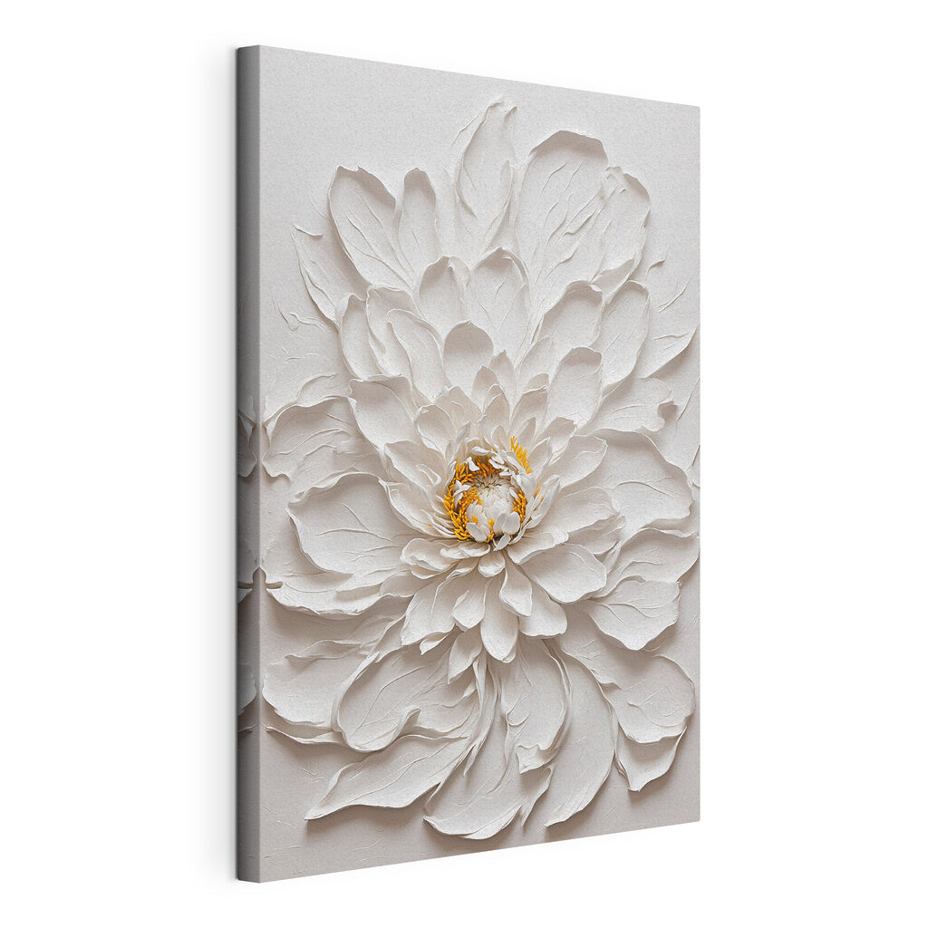 Fiore bianco, cuore d’oro, tela tesa e bordo avvolto