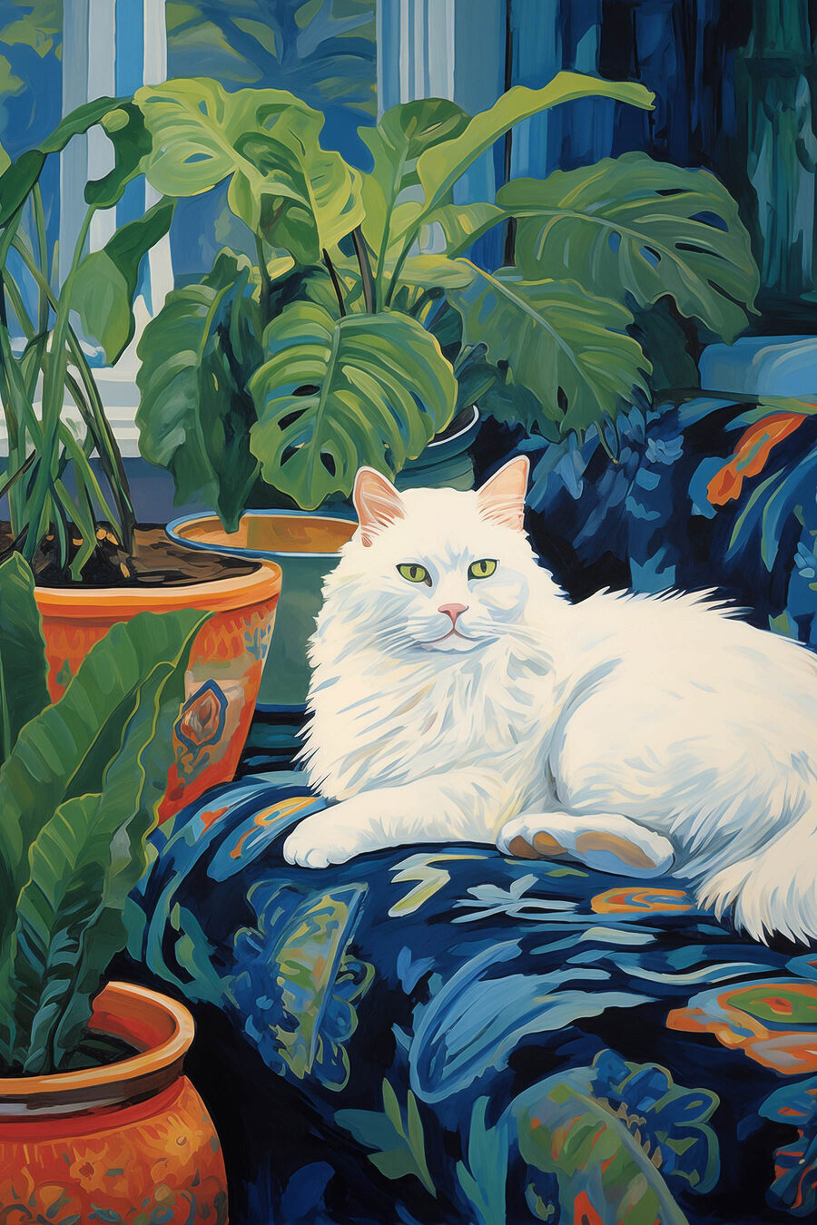 Gatto bianco tra piante — design completo