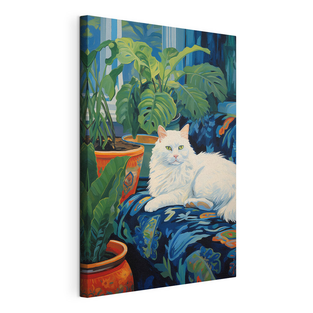 Gatto bianco tra piante, tela tesa e bordo avvolto