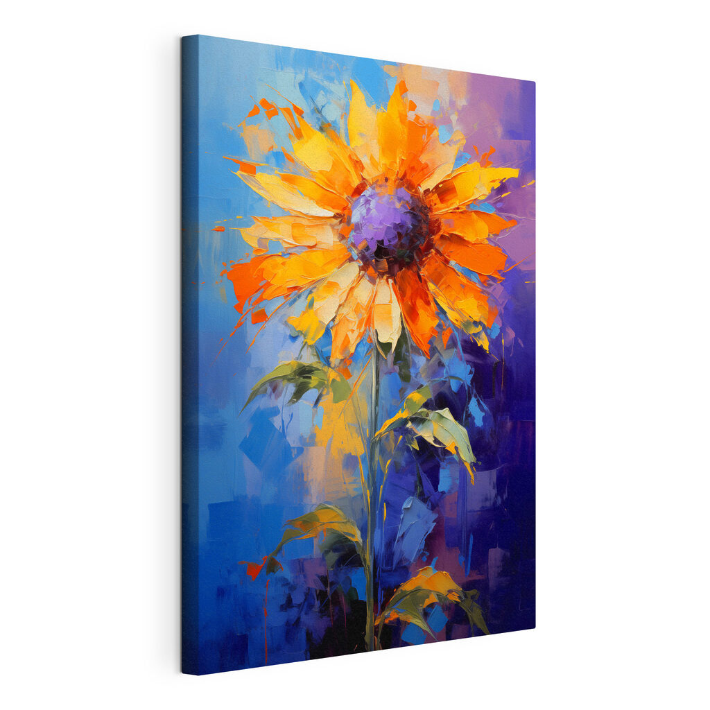 Girasole su fondo blu, tela tesa e bordo avvolto
