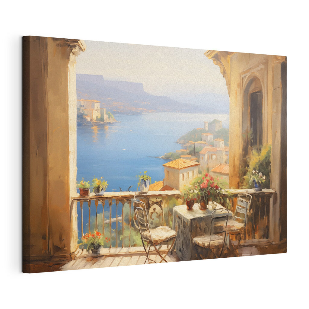 Balcone soleggiato sulla baia, tela tesa e bordo avvolto