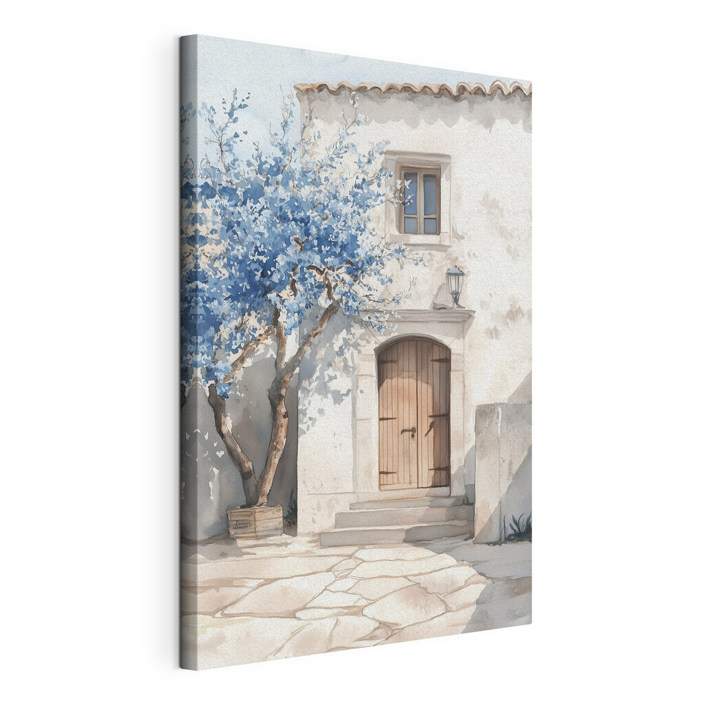 Albero blu alla porta, tela tesa e bordo avvolto