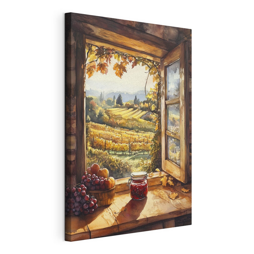 Finestra d’autunno sui vigneti, tela tesa e bordo avvolto