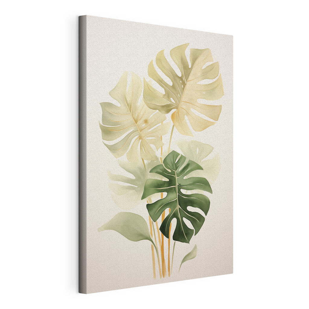 Monstera in toni giallo-verdi, tela tesa e bordo avvolto
