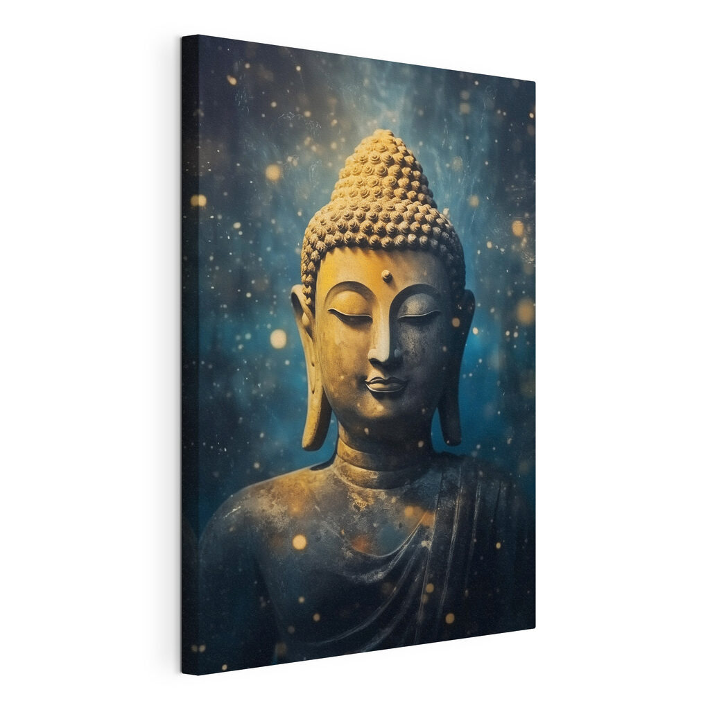 Buddha blu stellato, tela tesa e bordo avvolto
