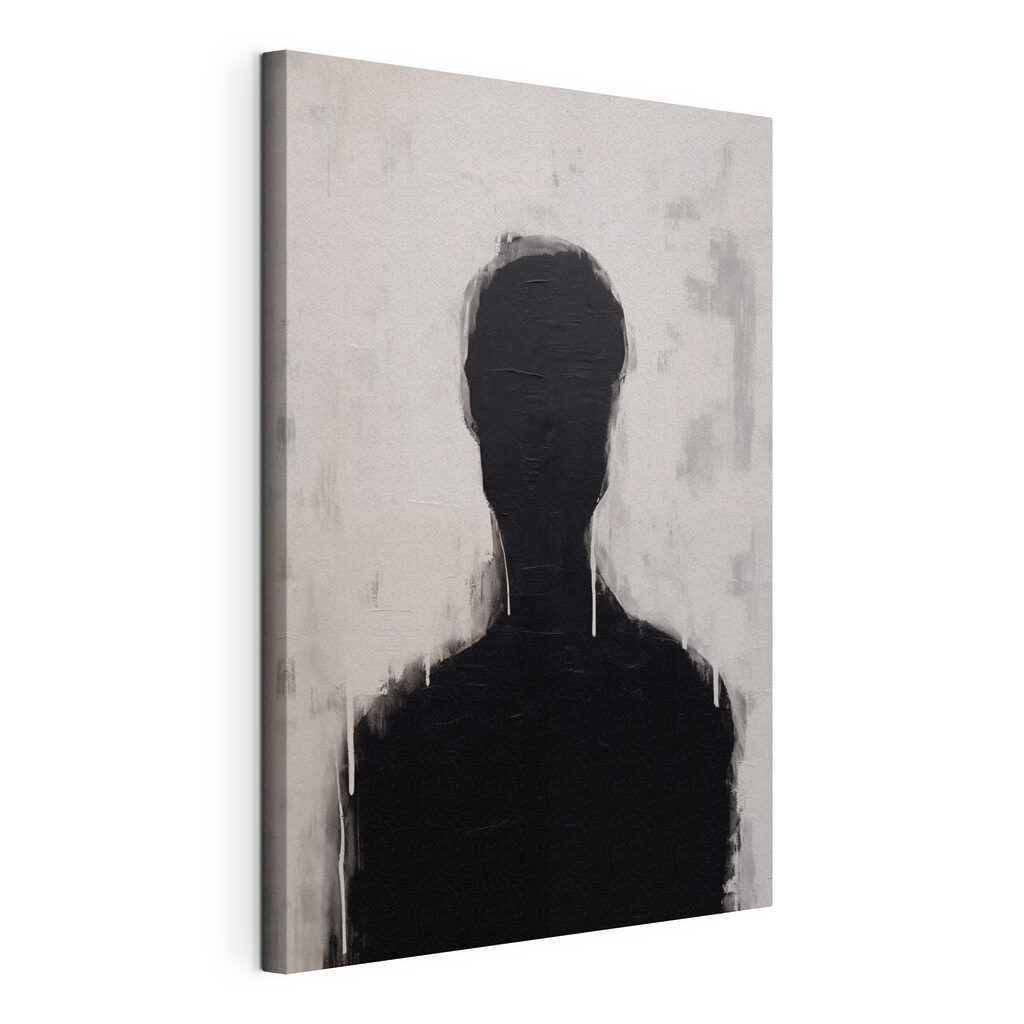 Silhouette scura sul grigio, tela tesa e bordo avvolto