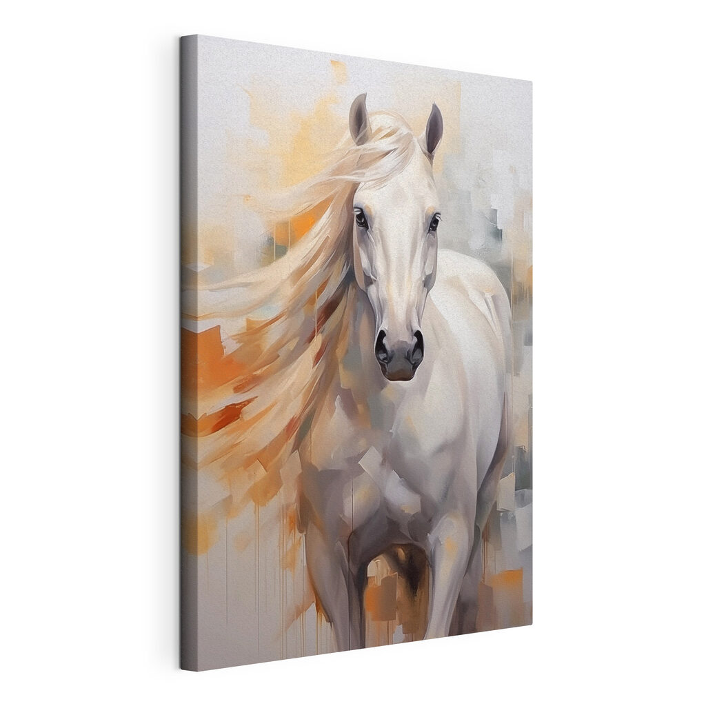 Cavallo bianco, criniera arancio, tela tesa e bordo avvolto