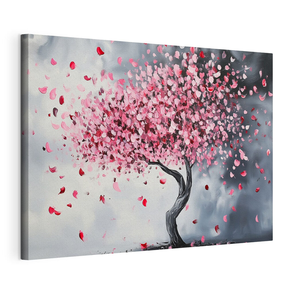 Petali rosa sull’albero, tela tesa e bordo avvolto