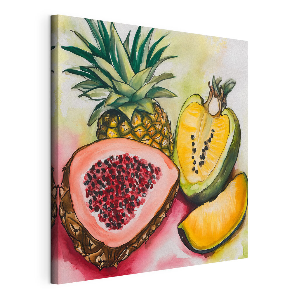 Frutta tropicale ad acquerello, tela tesa e bordo avvolto
