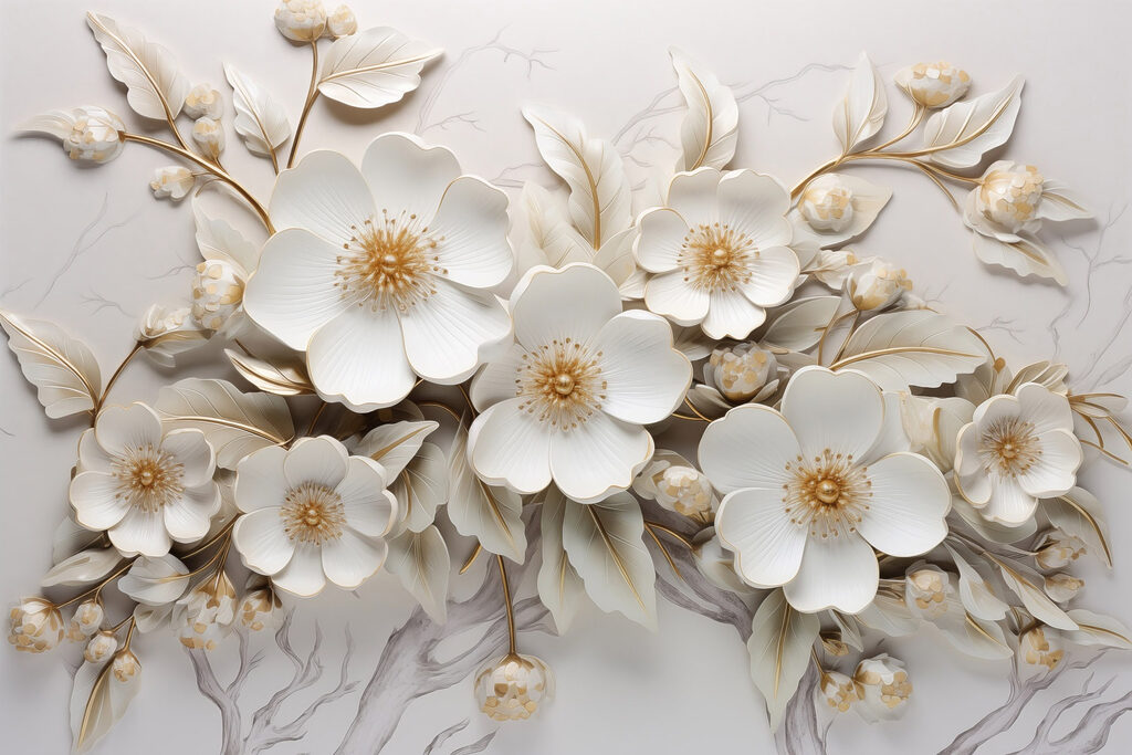 Fiori bianchi, rami dorati — design completo