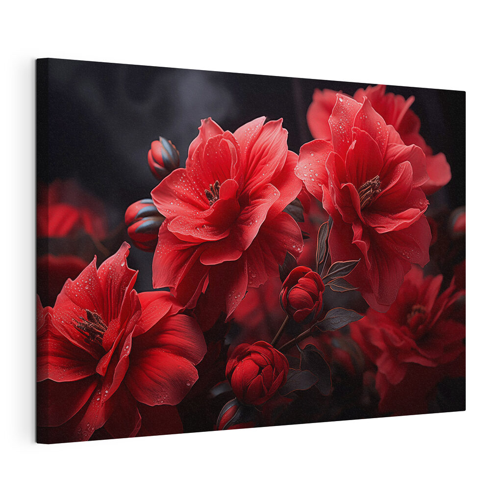 Fiori rossi su nero, tela tesa e bordo avvolto