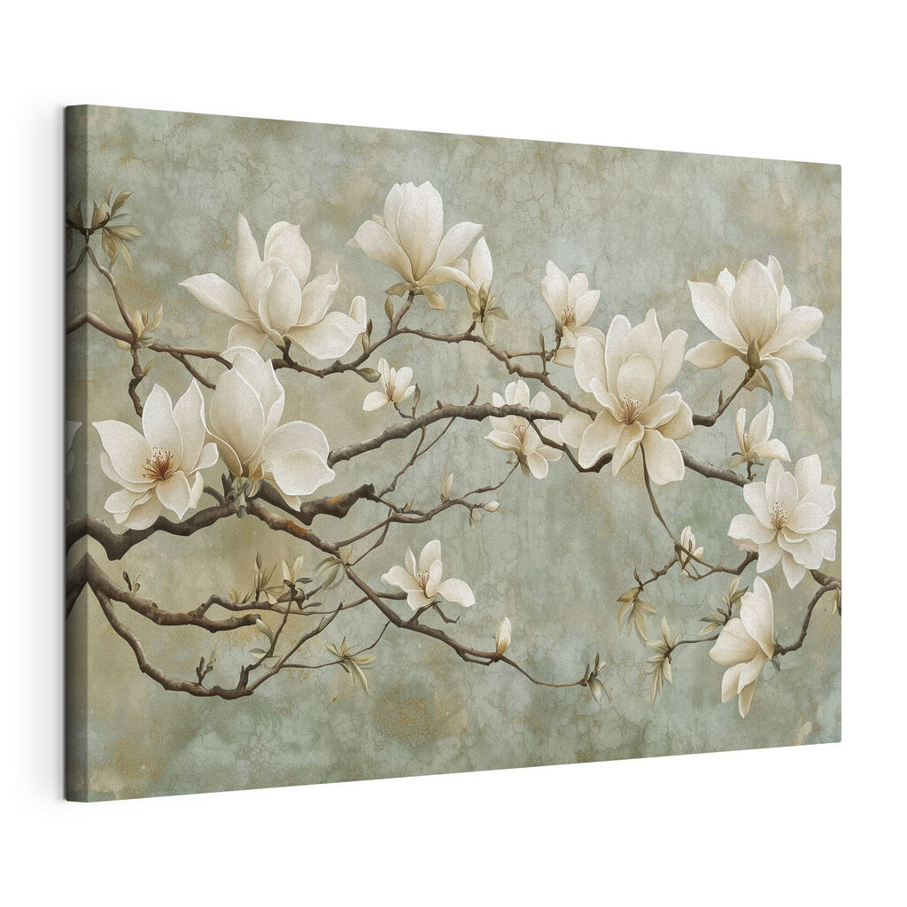 Magnolia su rami grigi, tela tesa e bordo avvolto