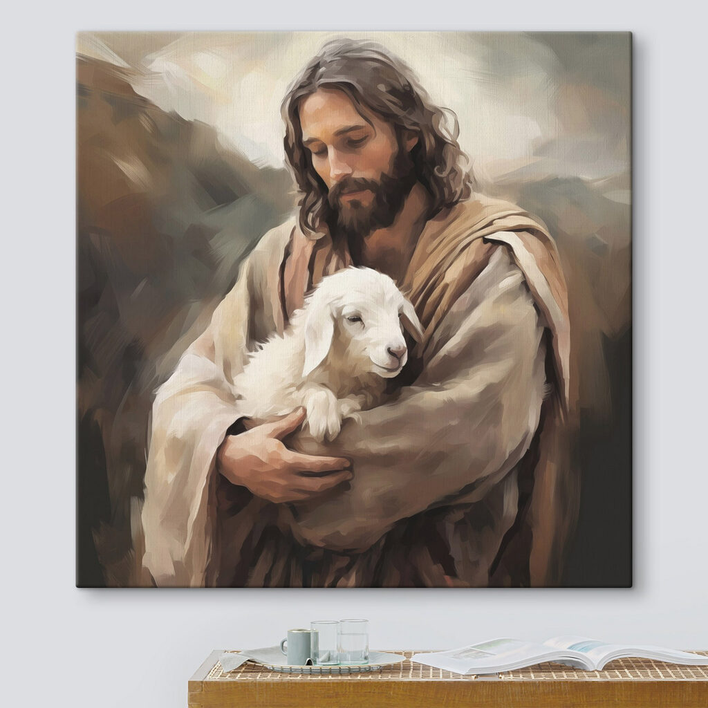 Gesù con agnello bianco in un ambiente