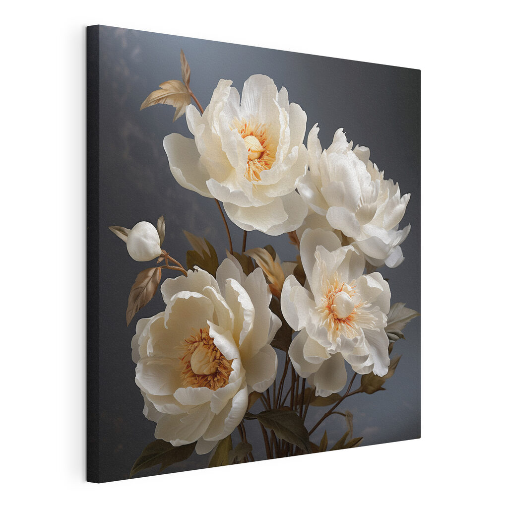 Quattro peonie su grigio, tela tesa e bordo avvolto