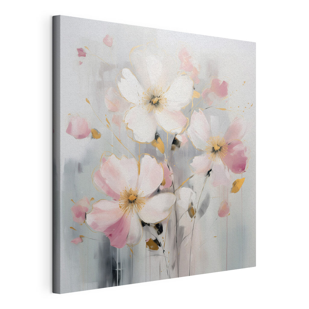 Fiori bianchi e rosa, tela tesa e bordo avvolto