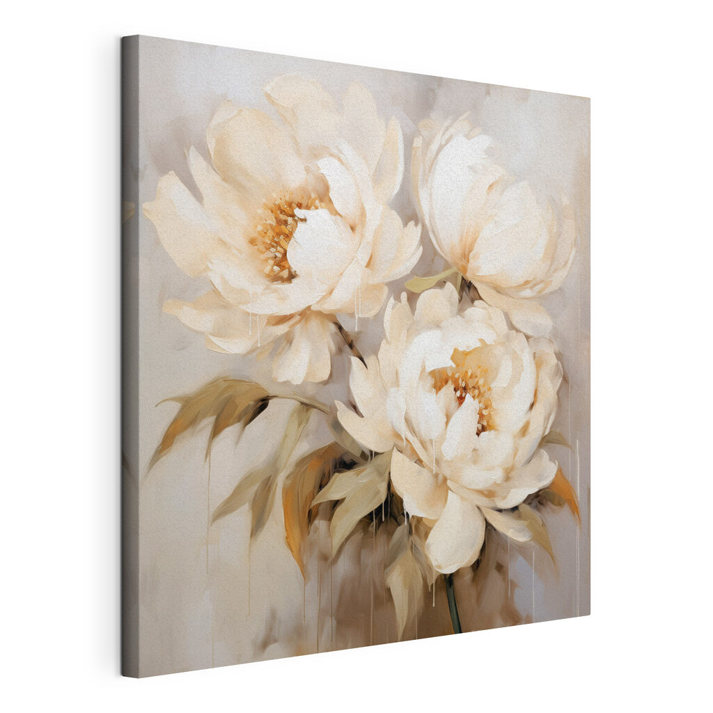 Tre peonie crema, tela tesa e bordo avvolto