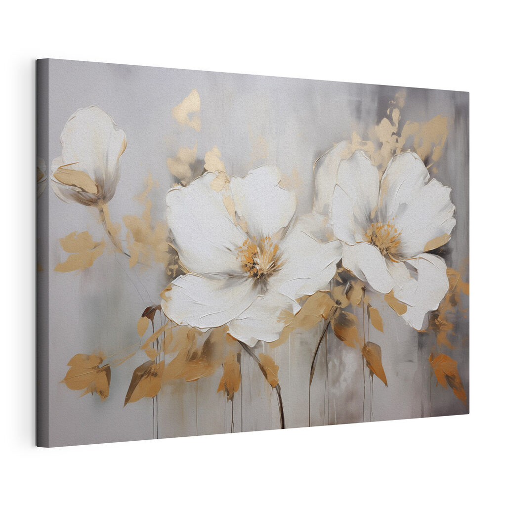 Fiori bianchi, foglie d’oro, tela tesa e bordo avvolto