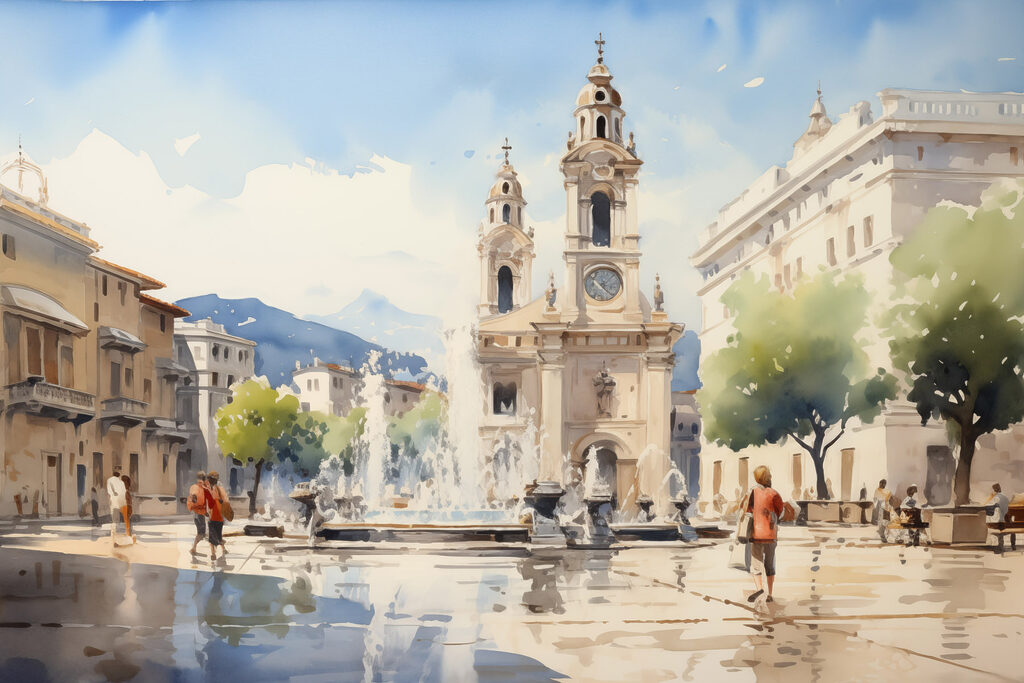 Piazza soleggiata con campanile — design completo