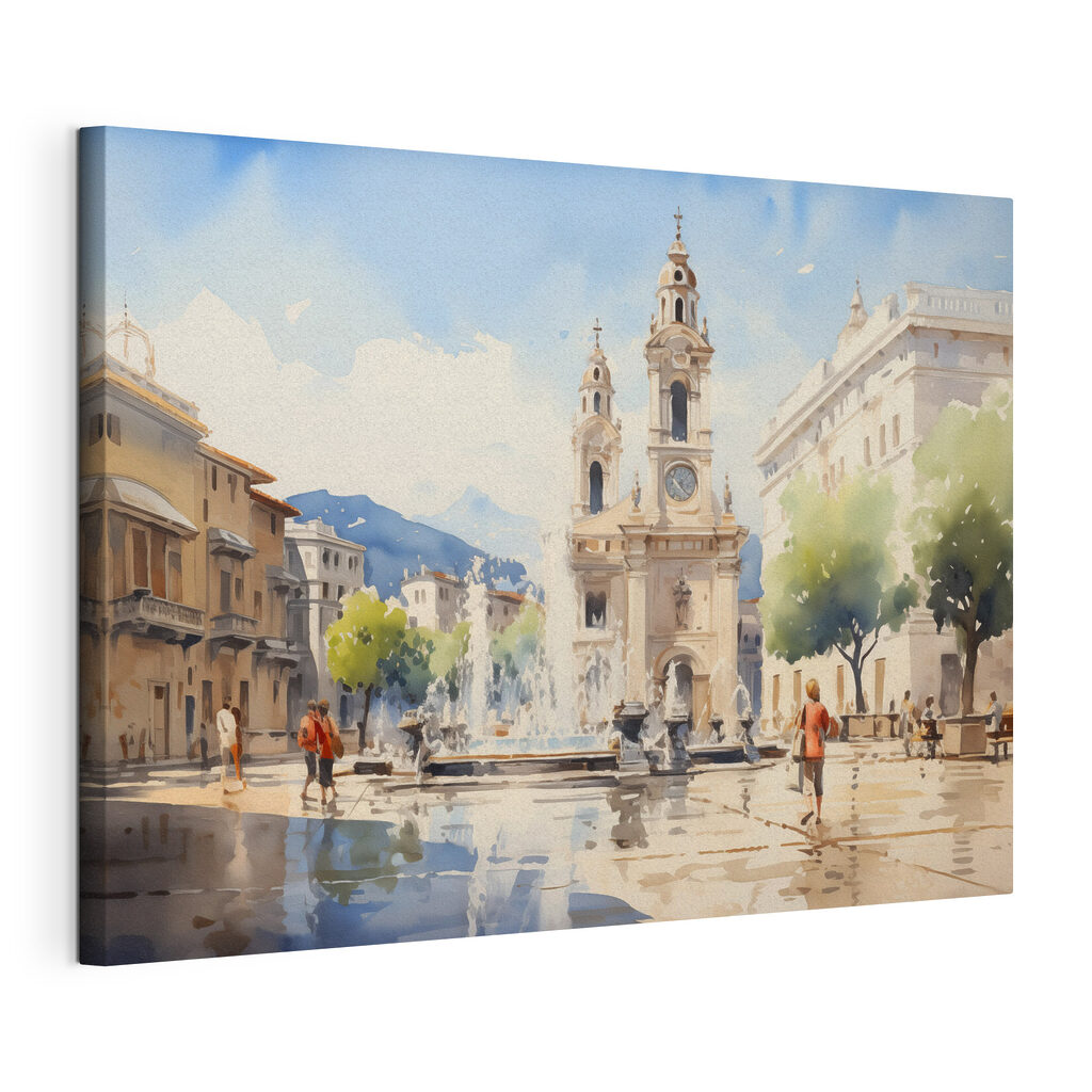 Piazza soleggiata con campanile — vista del prodotto