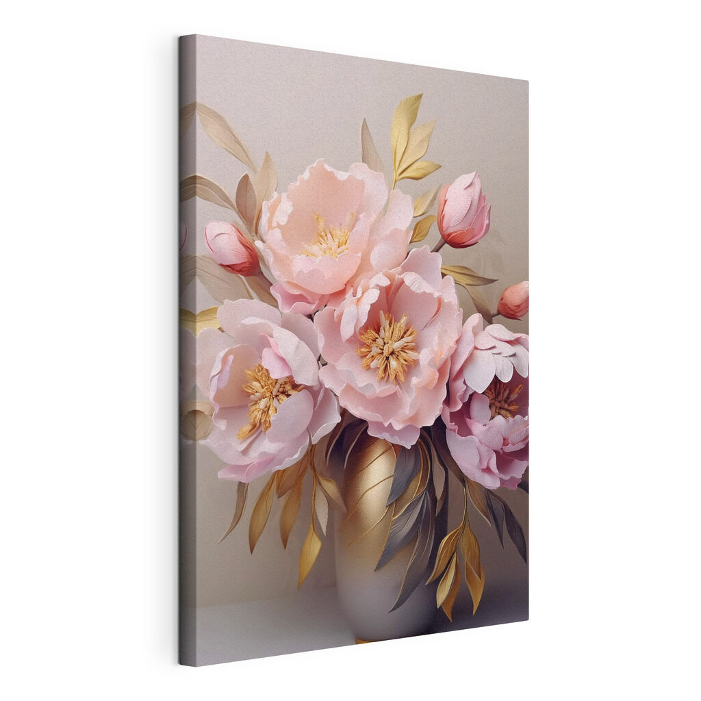Peonie rosa su grigio, tela tesa e bordo avvolto