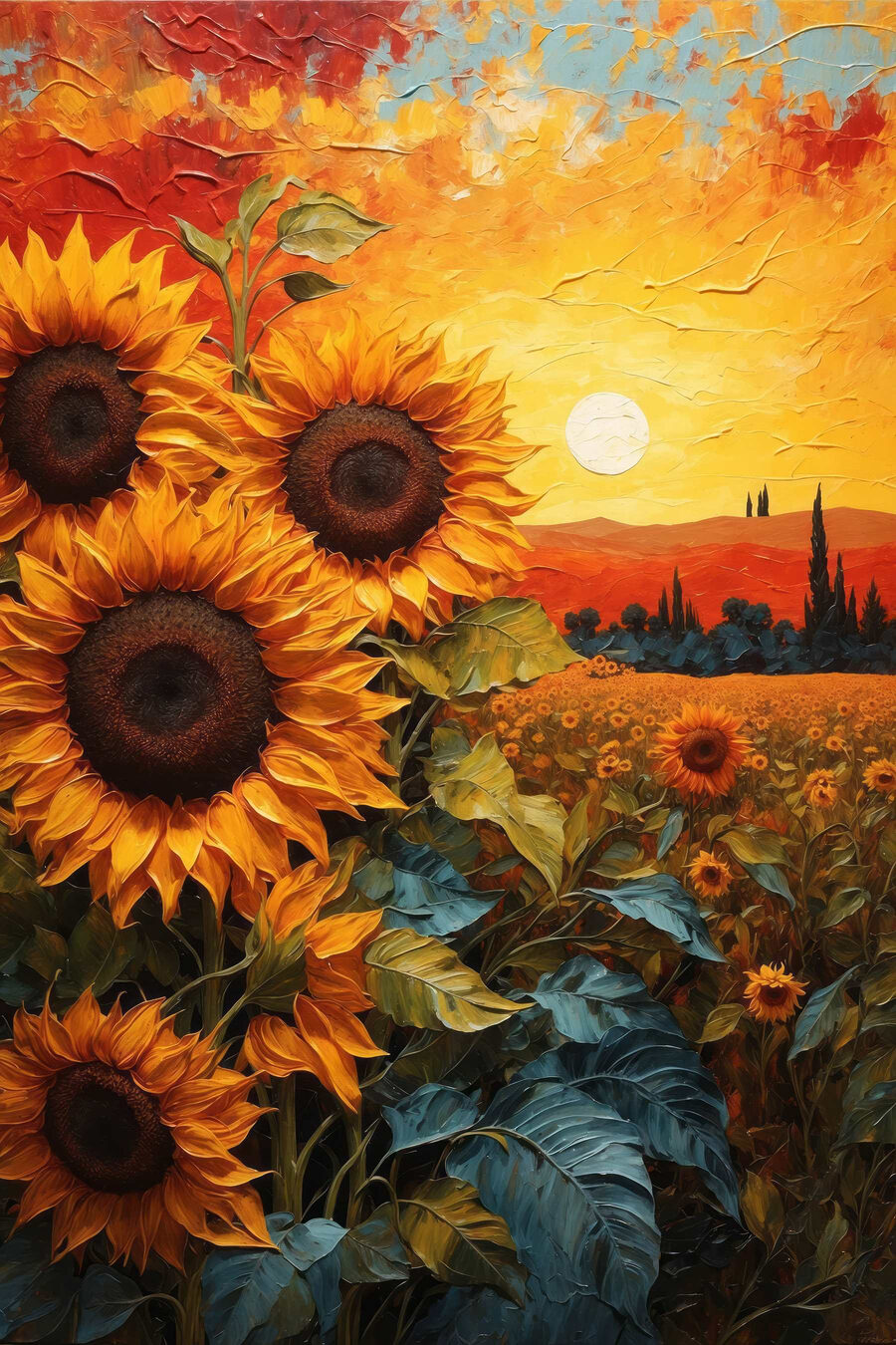 Girasoli al tramonto infuocato — design completo