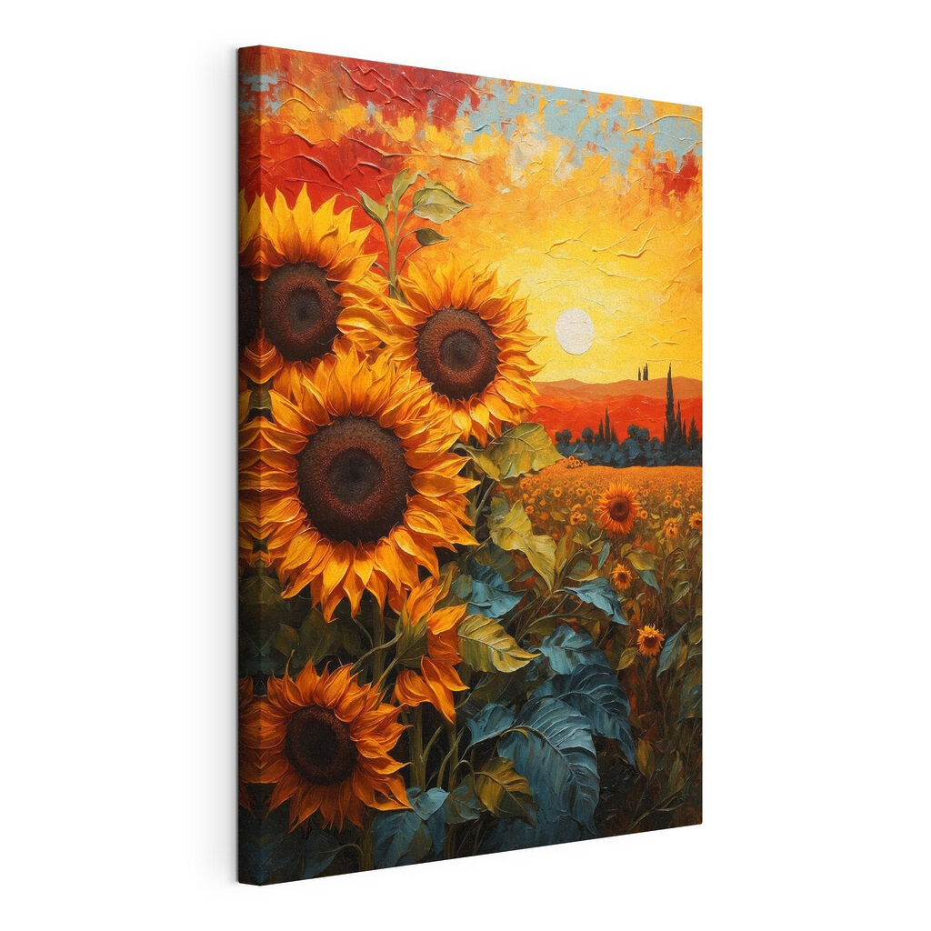 Girasoli al tramonto infuocato, tela tesa e bordo avvolto