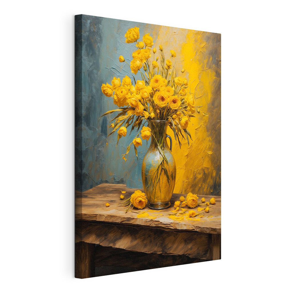 Fiori gialli, vaso ambra, tela tesa e bordo avvolto