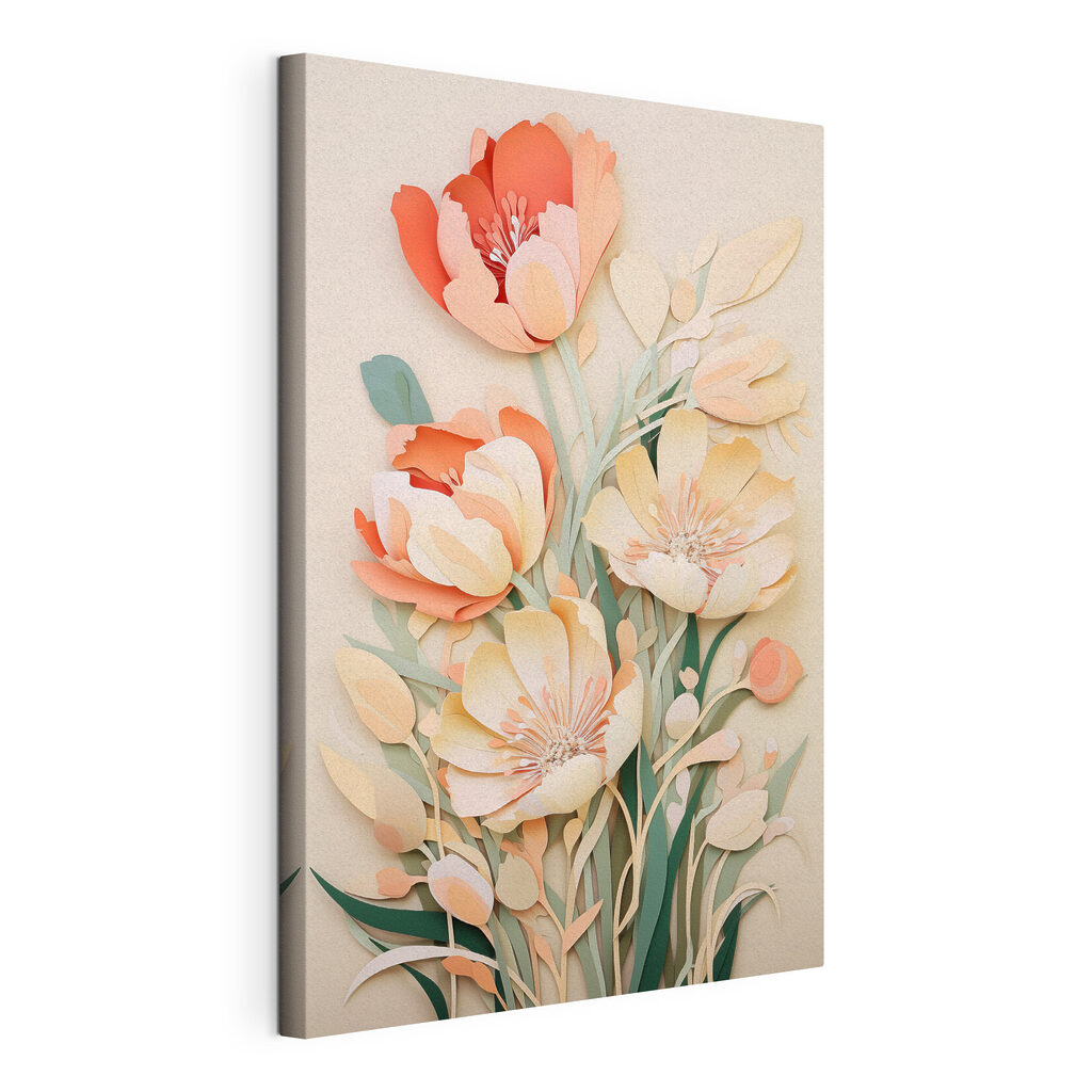 Tulipani pastello tra verdi, tela tesa e bordo avvolto