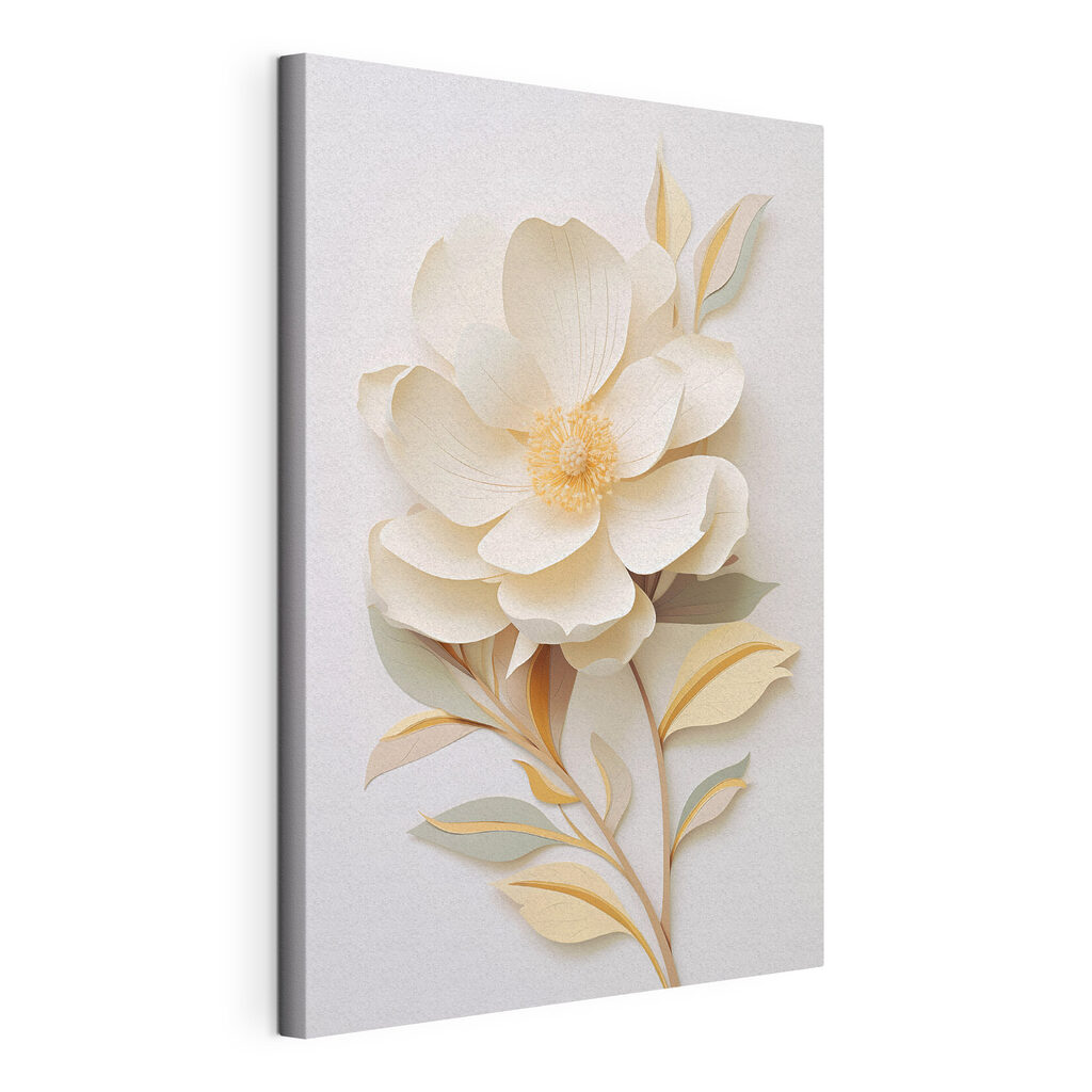 Magnolia bianca, foglie dorate, tela tesa e bordo avvolto