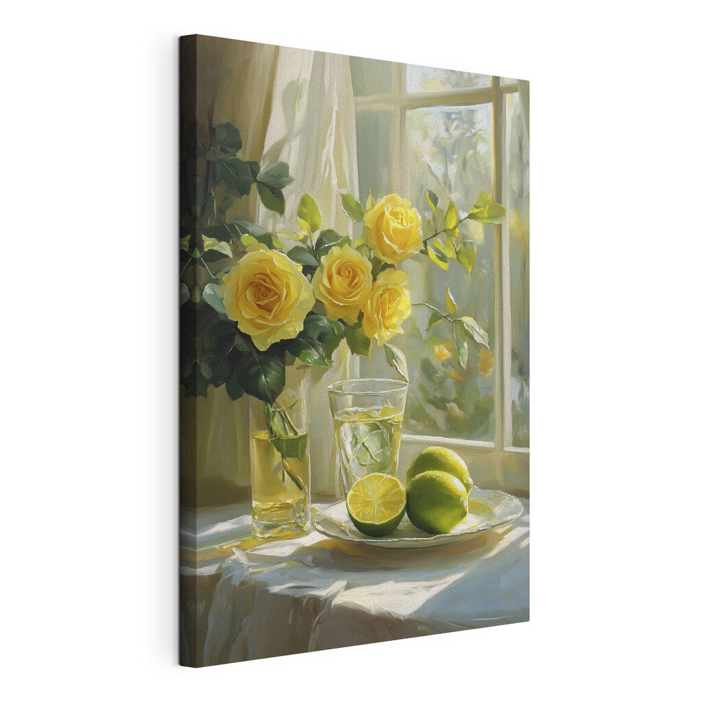 Rose gialle e lime, tela tesa e bordo avvolto