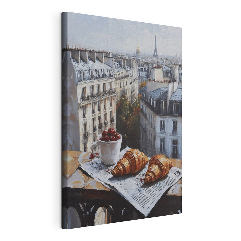 Croissant sui tetti parigini, tela tesa e bordo avvolto
