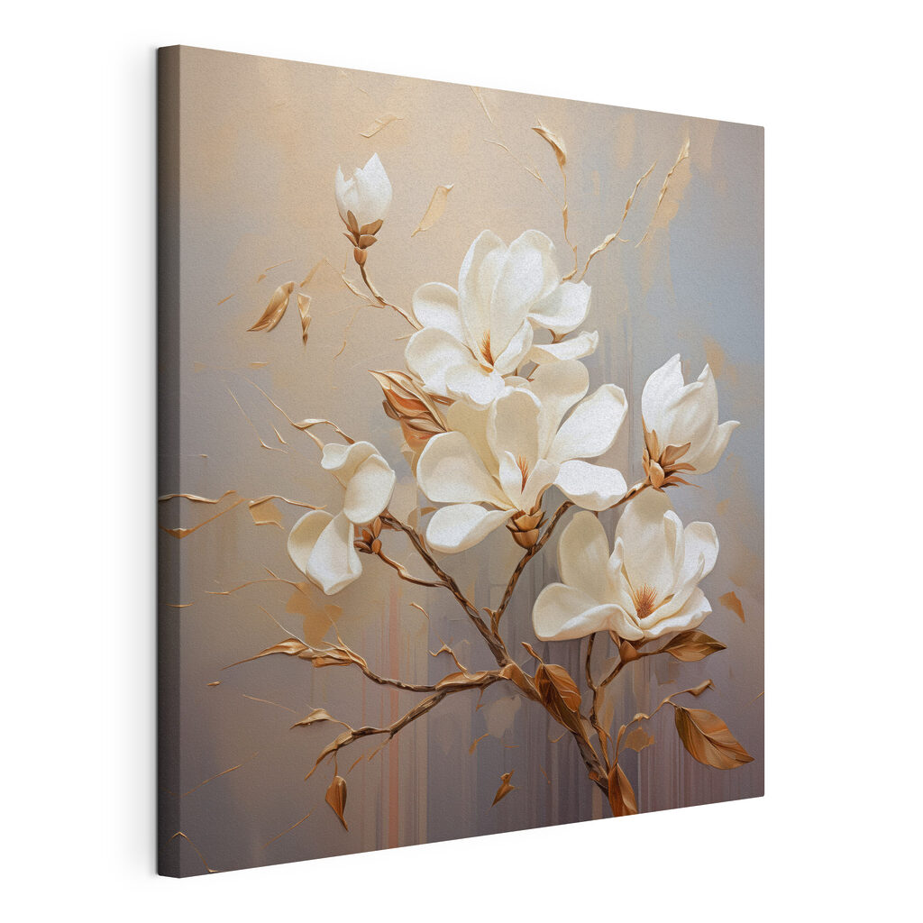 Magnolia bianca sui rami, tela tesa e bordo avvolto