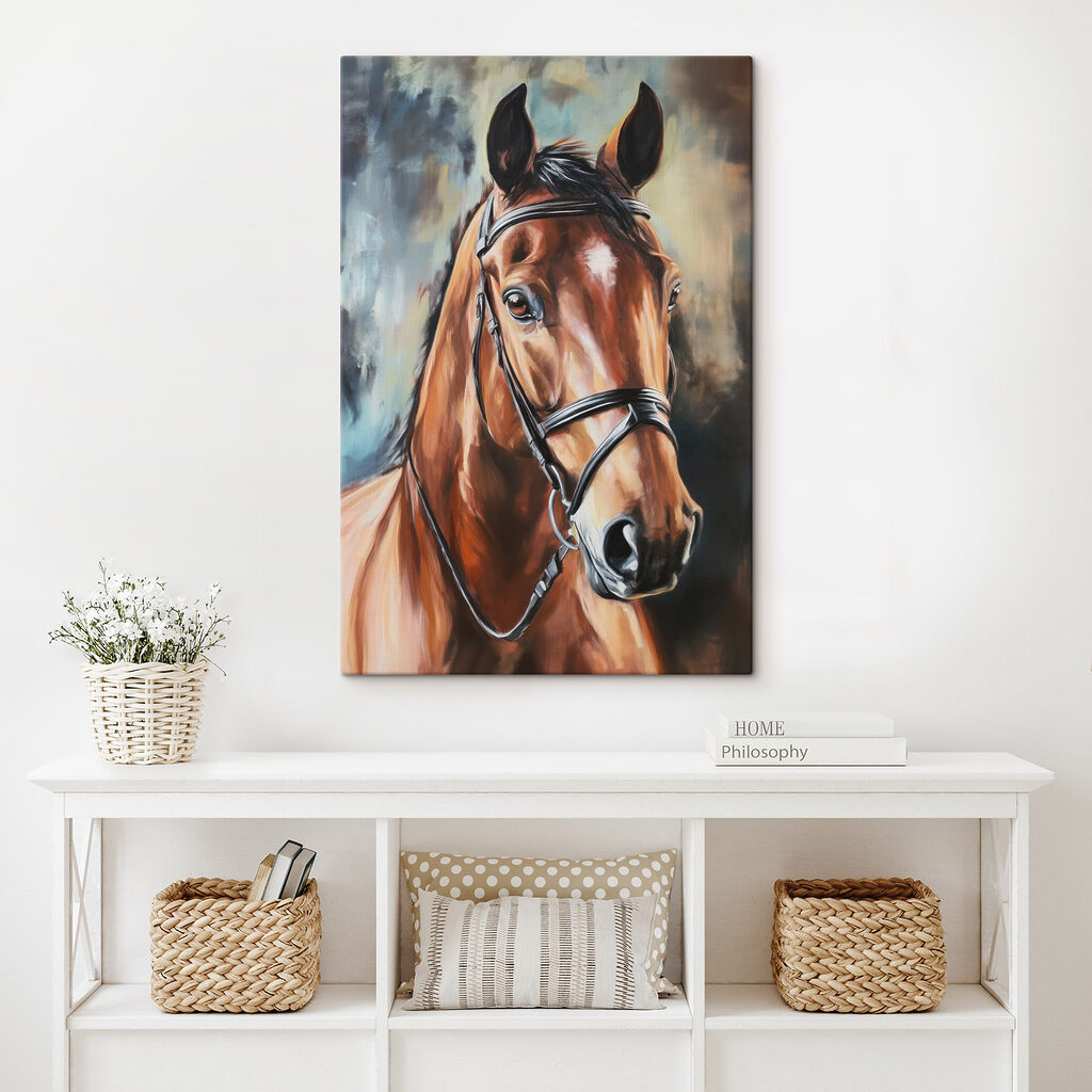 Cavallo bruno con finimenti in un ambiente