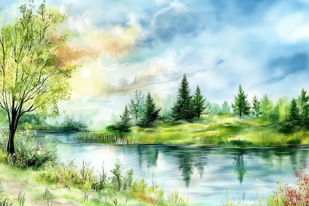 Riva verde e nuvole — design completo