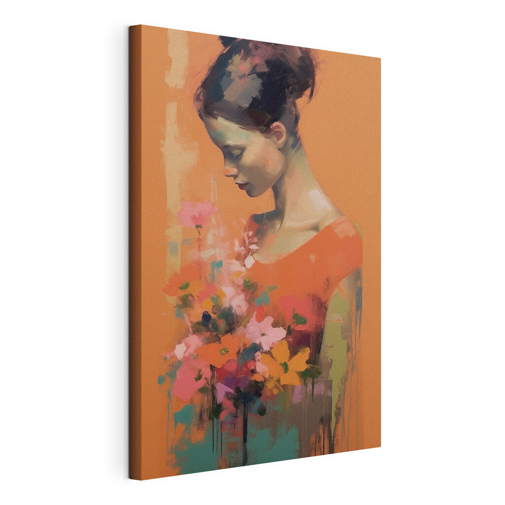 Abito arancione con fiori, tela tesa e bordo avvolto