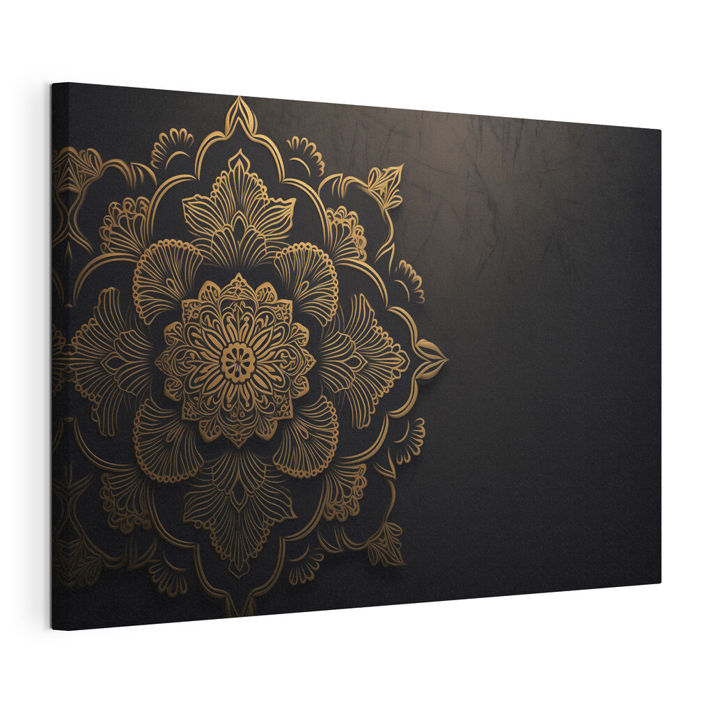 Mandala dorato su nero, tela tesa e bordo avvolto