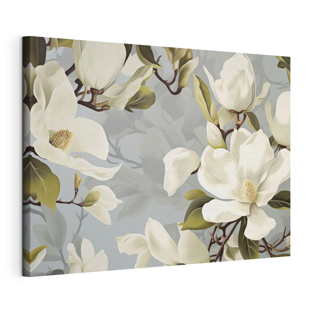 Magnolia crema e grigioverde, tela tesa e bordo avvolto