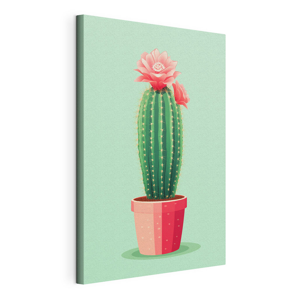 Cactus fiorito, vaso rosa, tela tesa e bordo avvolto