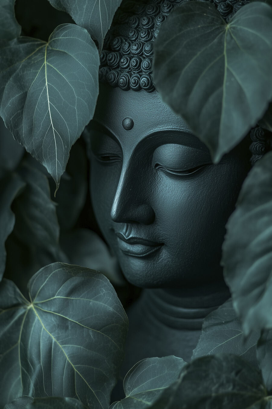 Buddha tra foglie grandi — design completo