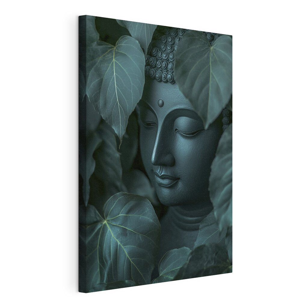 Buddha tra foglie grandi, tela tesa e bordo avvolto