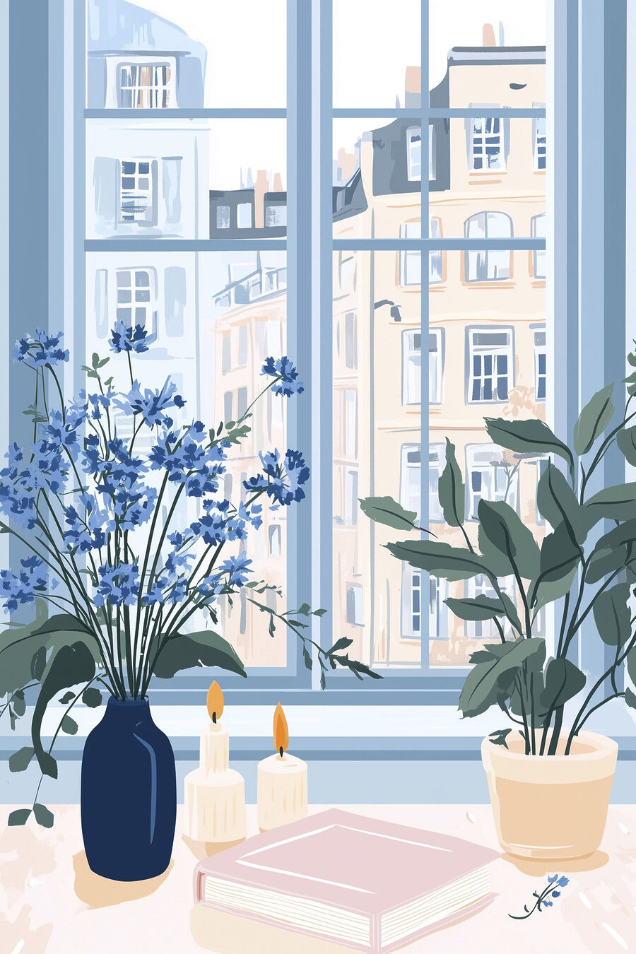 Fiori blu alla finestra — design completo