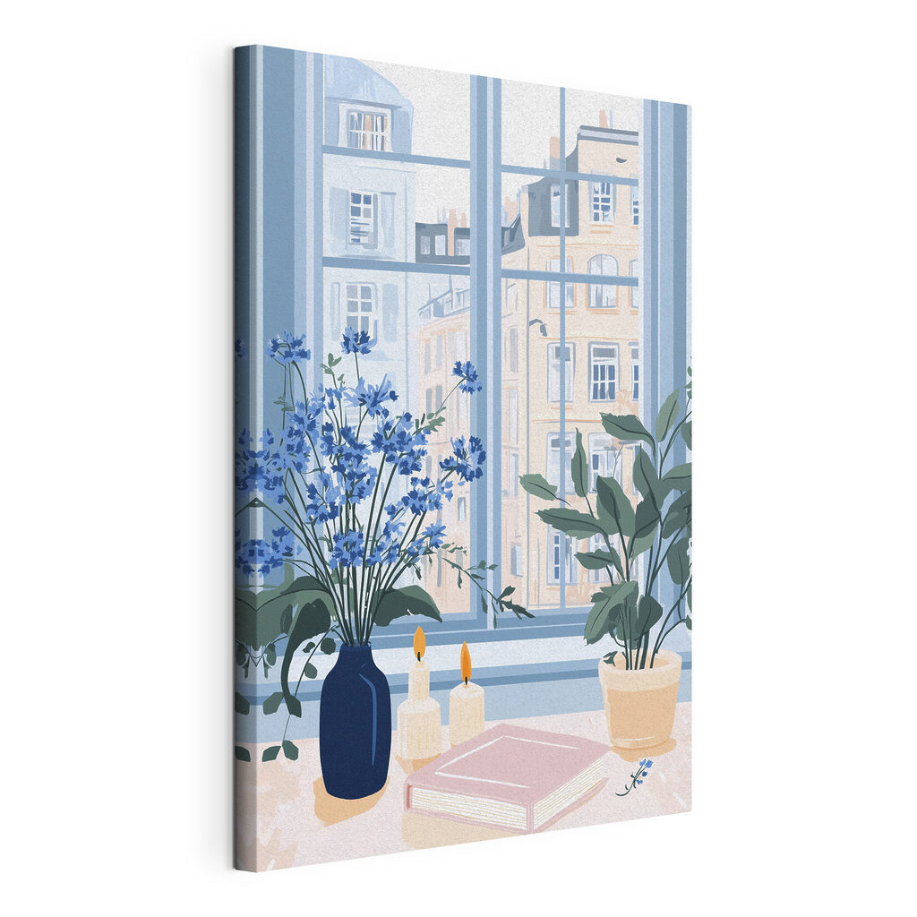 Fiori blu alla finestra, tela tesa e bordo avvolto