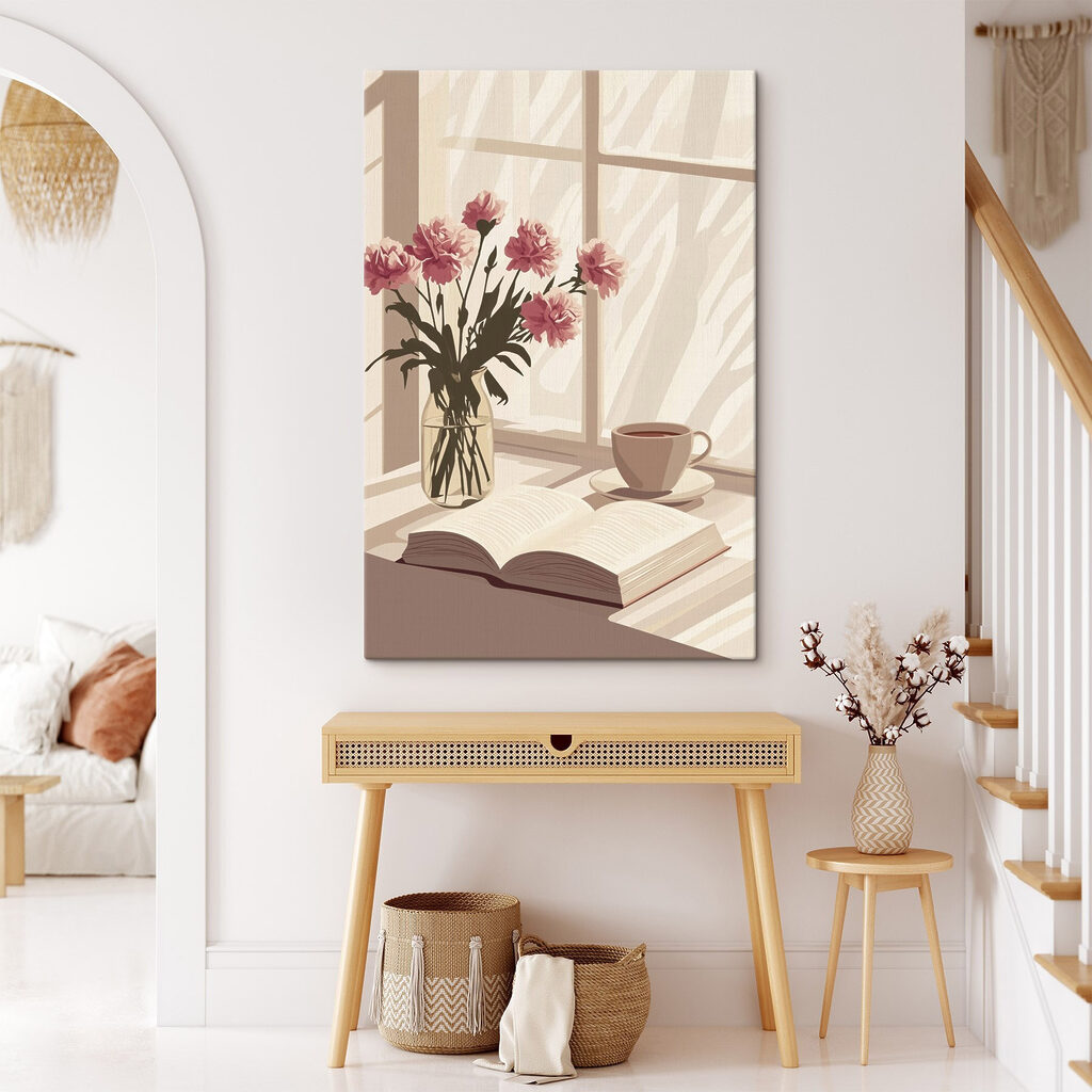 Libro e fiori rosa in un ambiente