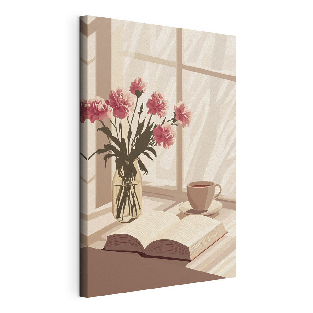 Libro e fiori rosa, tela tesa e bordo avvolto