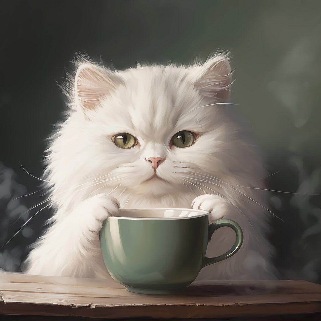 Gatto bianco con tazza — design completo