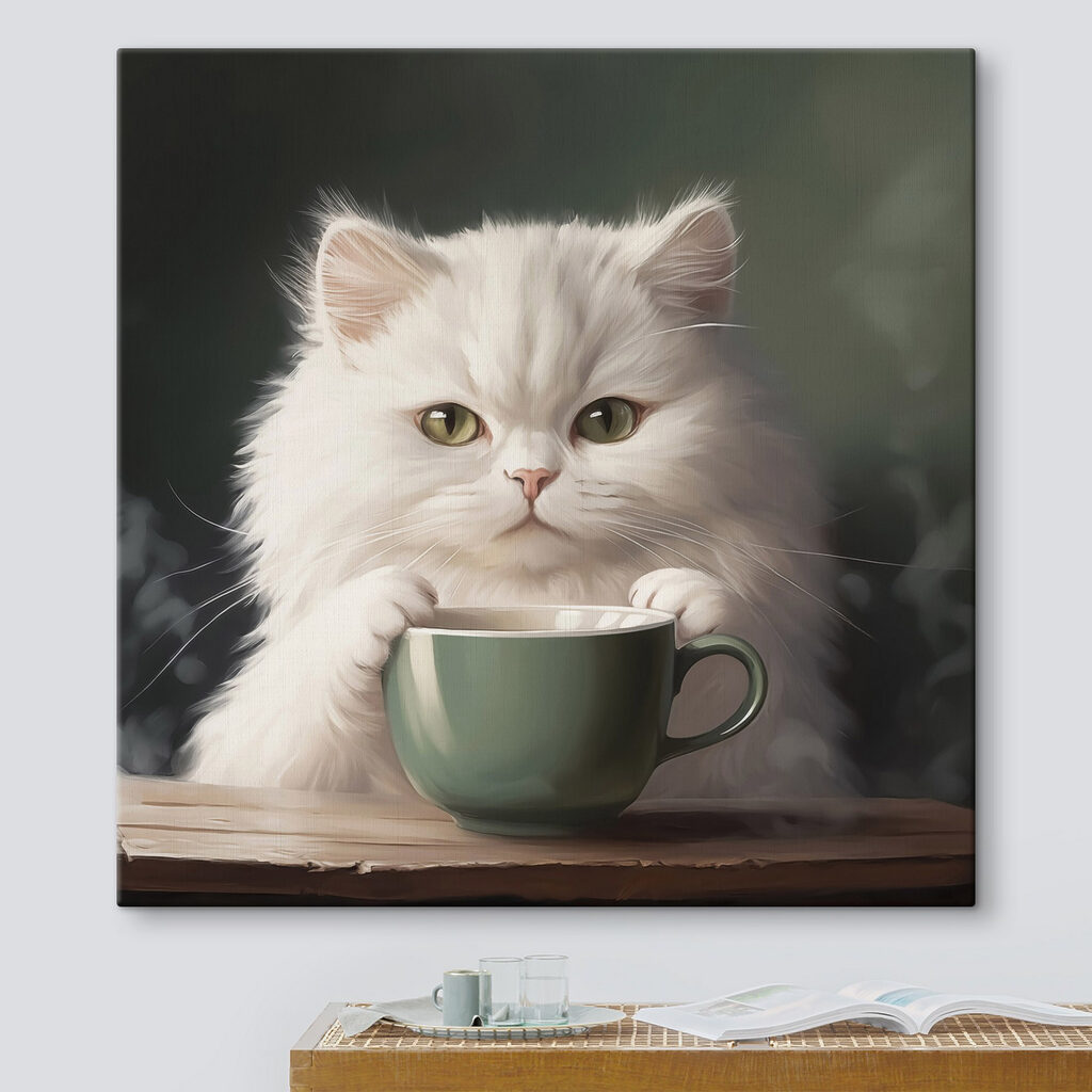 Gatto bianco con tazza — ambiente 1