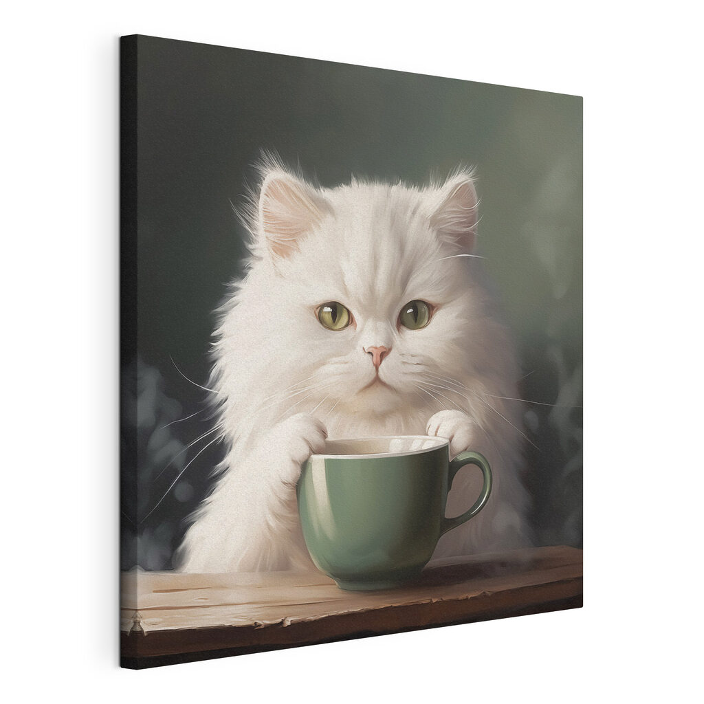 Gatto bianco con tazza, tela tesa e bordo avvolto